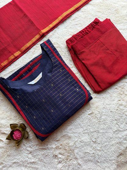 Blue & Red Checks Butta Semi Raw silk 3 pcs Set