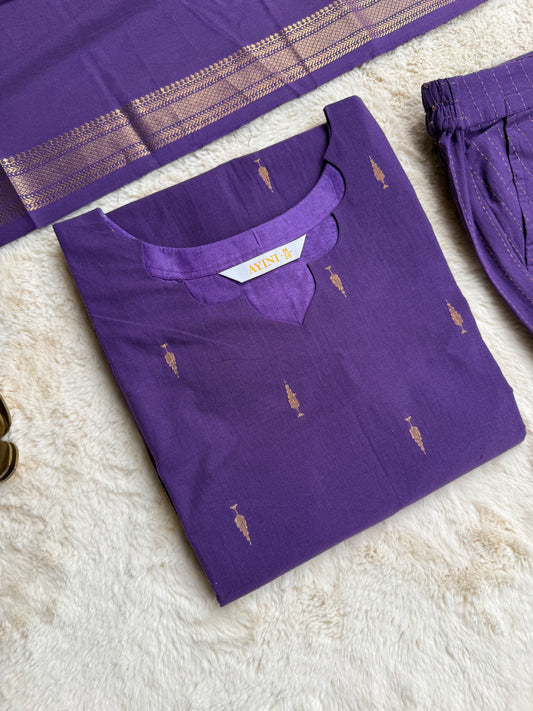 Handloom cotton Butta Purple 3 pcs Set