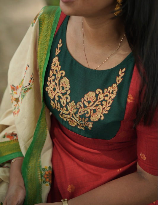 Red Anarkali suit with Kalamkari dupatta