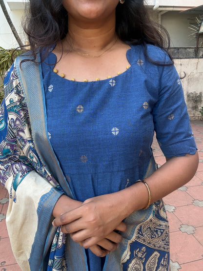 Vanya Ethnic Maxi Dress with Pen kalamkari Dupatta - Blue
