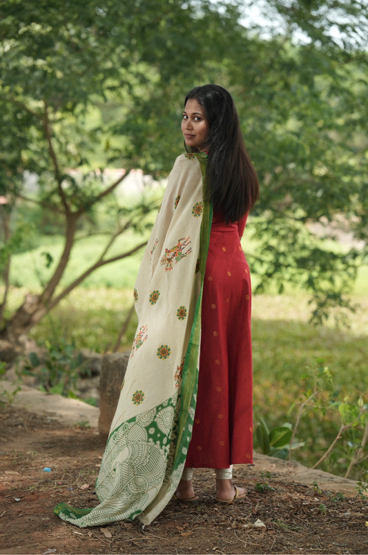 Red Anarkali suit with Kalamkari dupatta