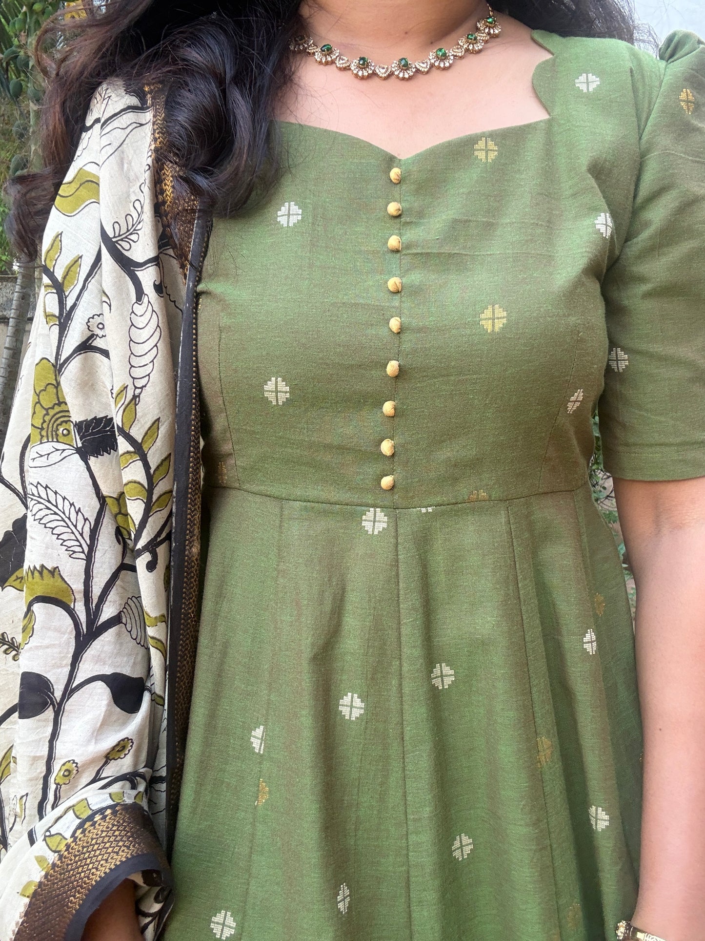 Vanya Ethnic Maxi Dress with Pen kalamkari Dupatta - Green
