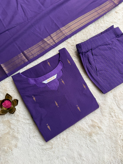Handloom cotton Butta Purple 3 pcs Set
