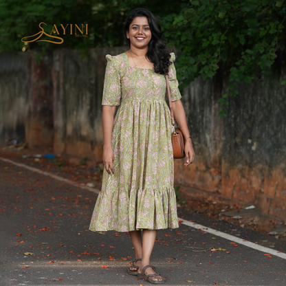 Olive Floral Cotton Casual Wear