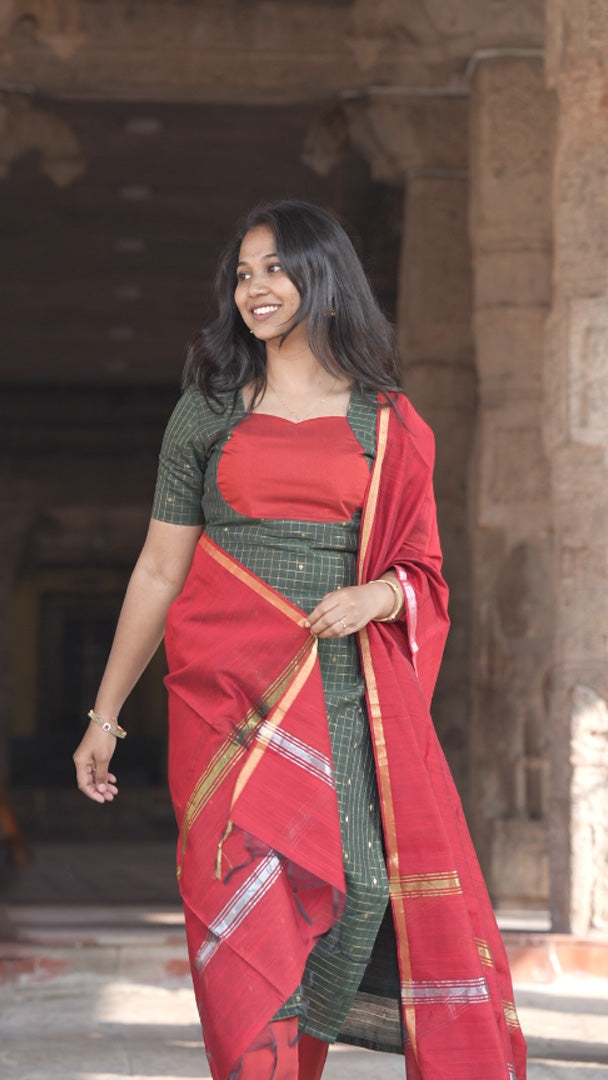 Dark olive Green & Red with pattern salwar sets