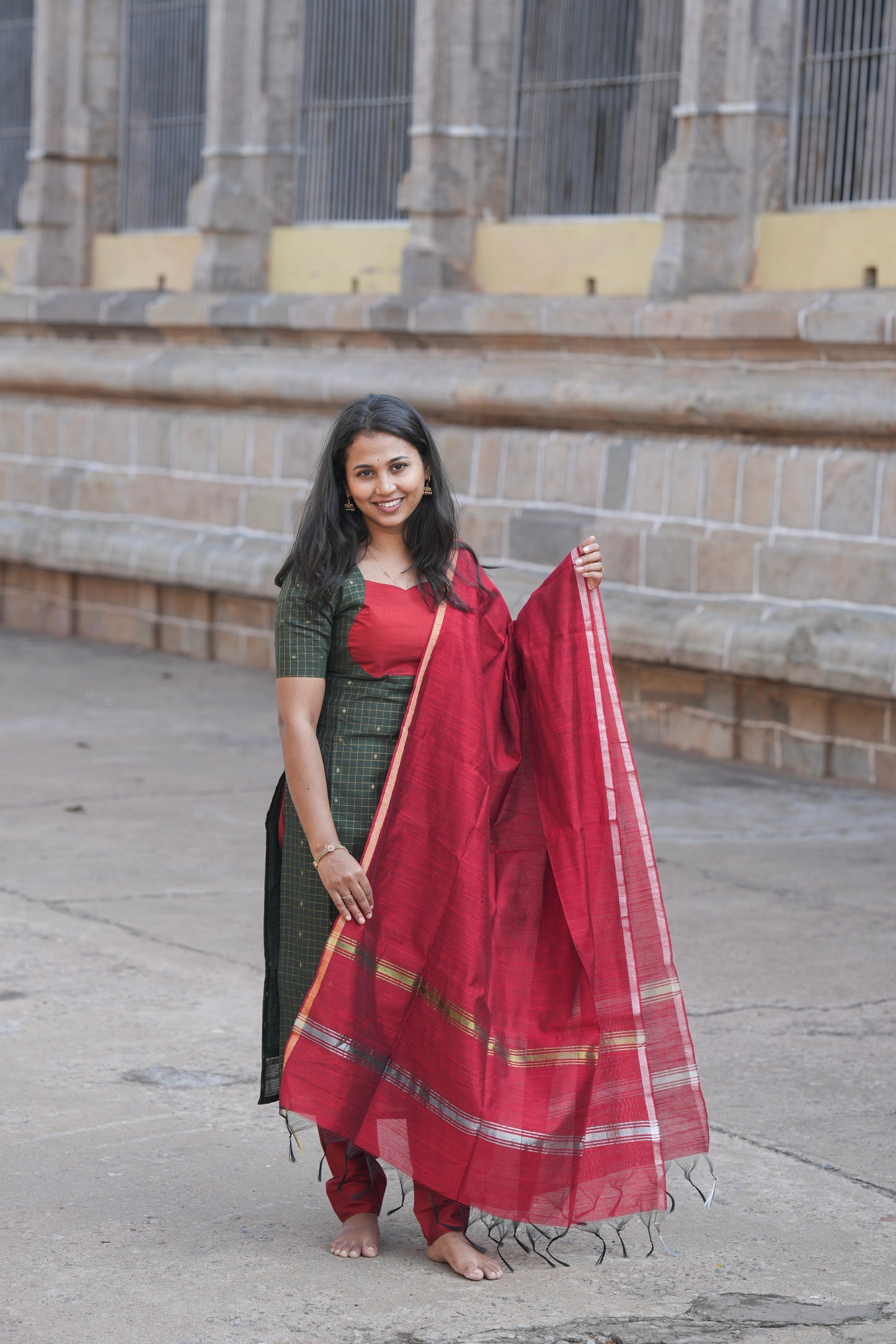 Dark olive Green & Red with pattern salwar sets