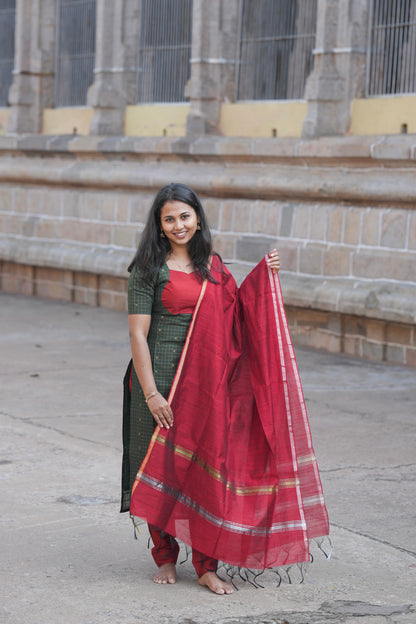 Dark olive Green & Red with pattern salwar sets