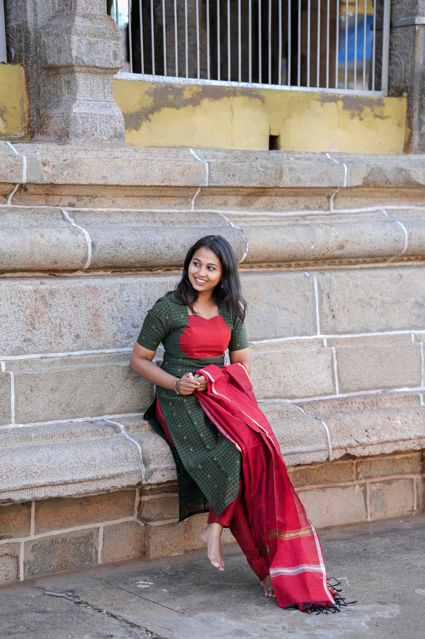 Dark olive Green & Red with pattern salwar sets