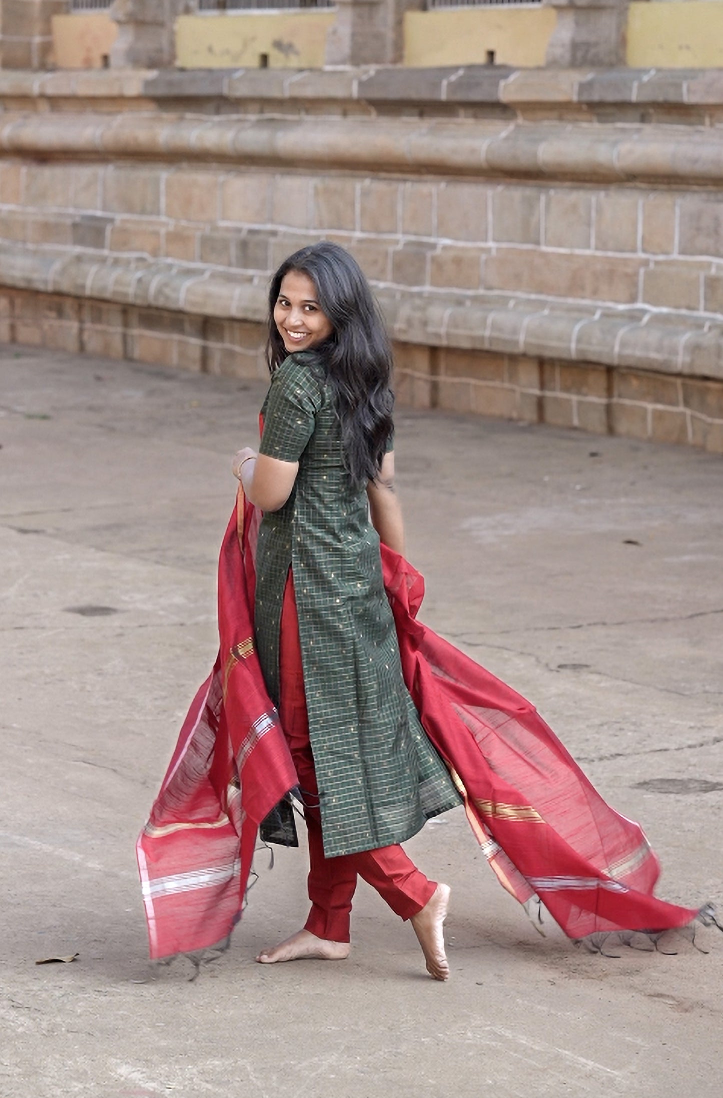 Dark olive Green & Red with pattern salwar sets