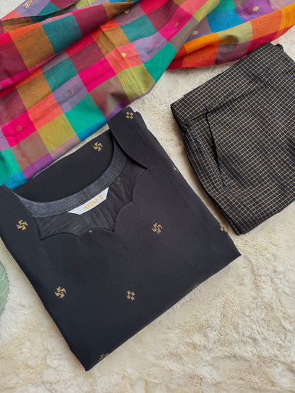 Handloom Black south cotton 3 pcs set with Madras checks Shawl