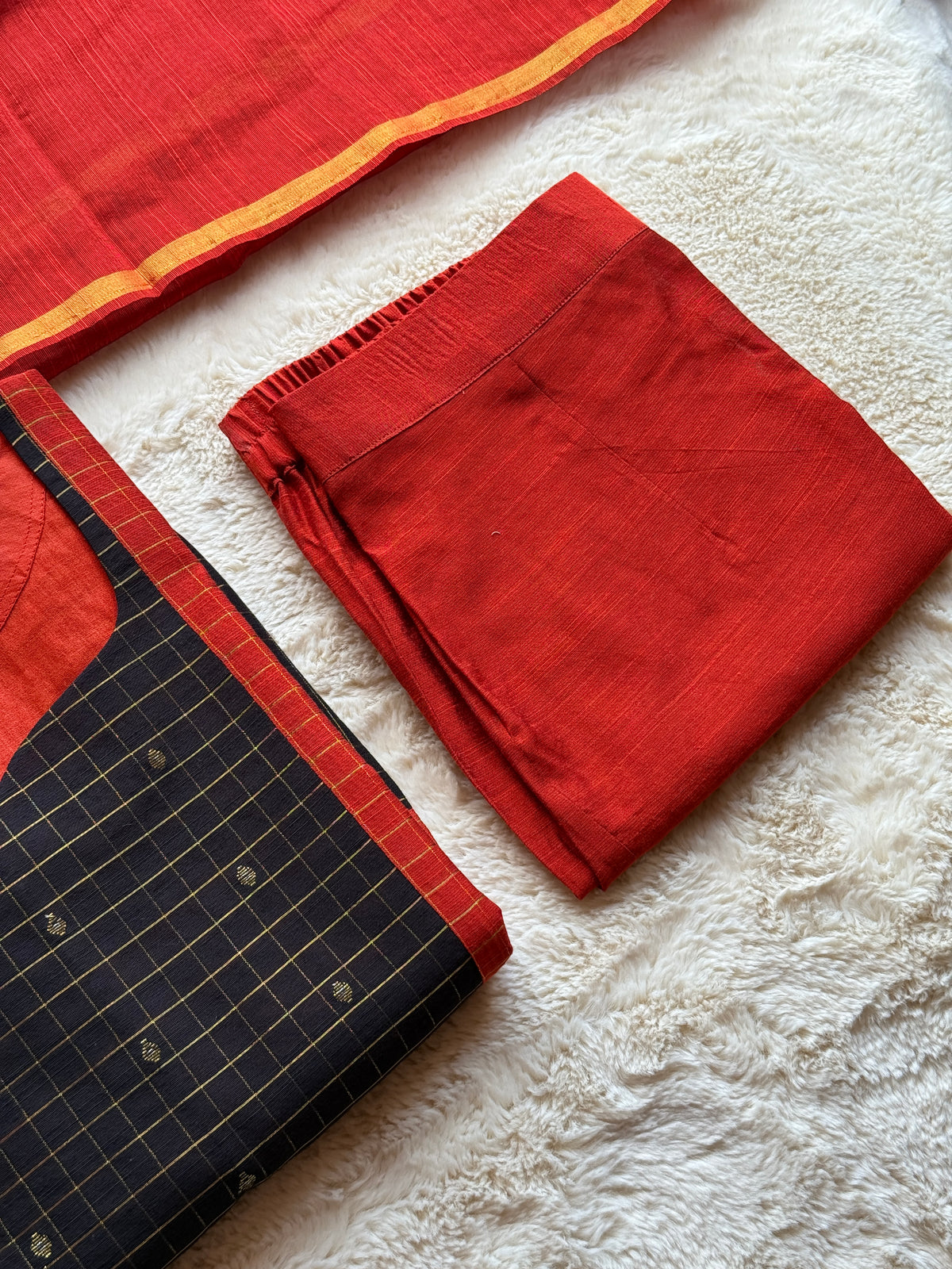 Black & Orange Checks Butta Raw silk 3 pcs Set