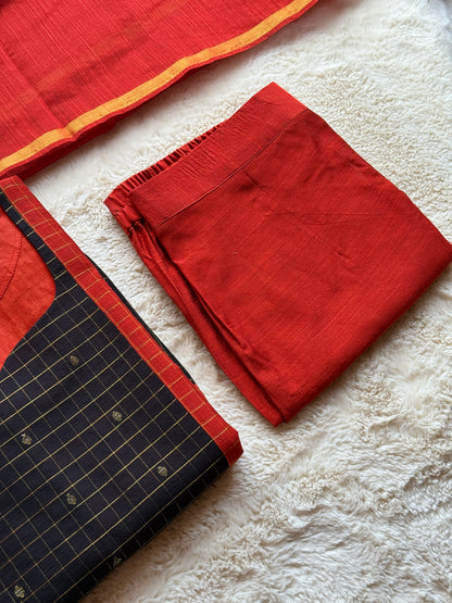 Black & Orange Checks Butta Raw silk 3 pcs Set