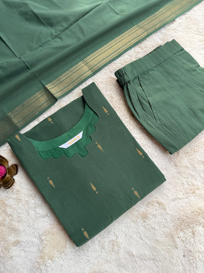 Handloom cotton Butta Green 3 pcs Set