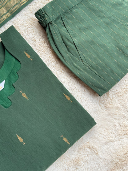 Handloom cotton Butta Green 3 pcs Set