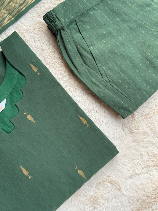 Handloom cotton Butta Green 3 pcs Set