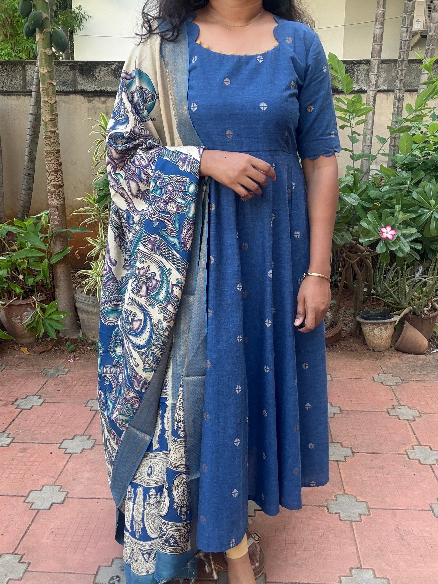 Vanya Ethnic Maxi Dress with Pen kalamkari Dupatta - Blue