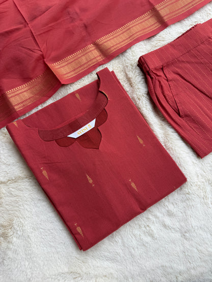 Handloom cotton Rust orange Butta 3 pcs Set