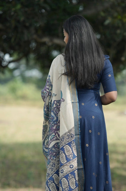 Blue Anarkali suit with Kalamkari dupatta