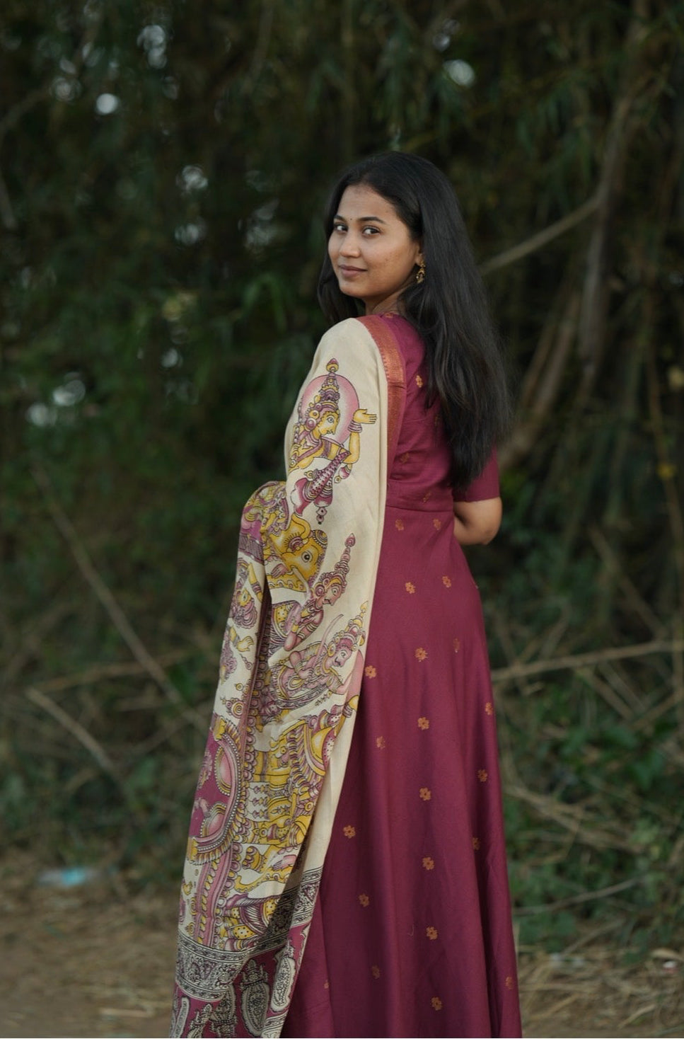 Maroon Maya Anarkali suit with Kalamkari dupatta