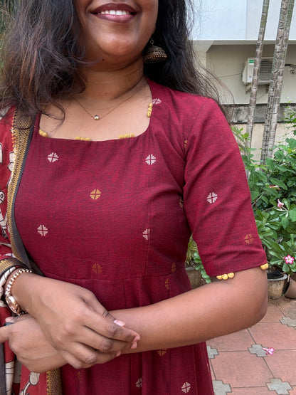 Vanya Ethnic Maxi Dress with Pen kalamkari Dupatta - Red wine