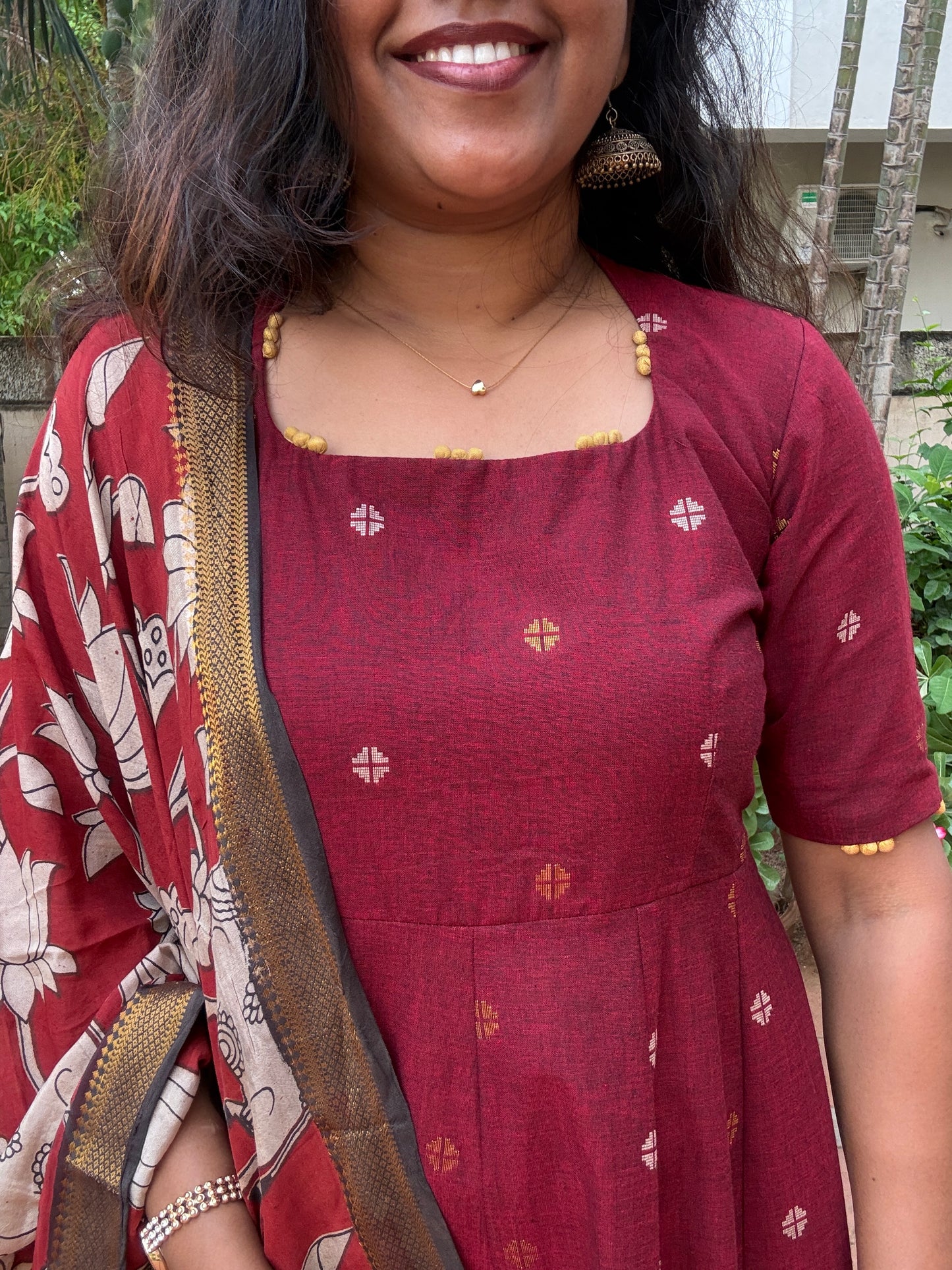Vanya Ethnic Maxi Dress with Pen kalamkari Dupatta - Red wine