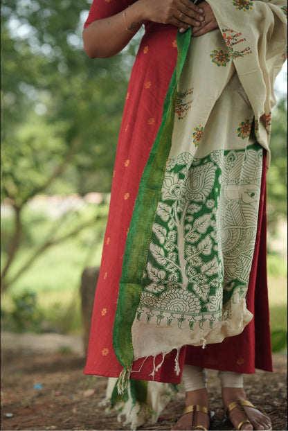 Red Anarkali suit with Kalamkari dupatta