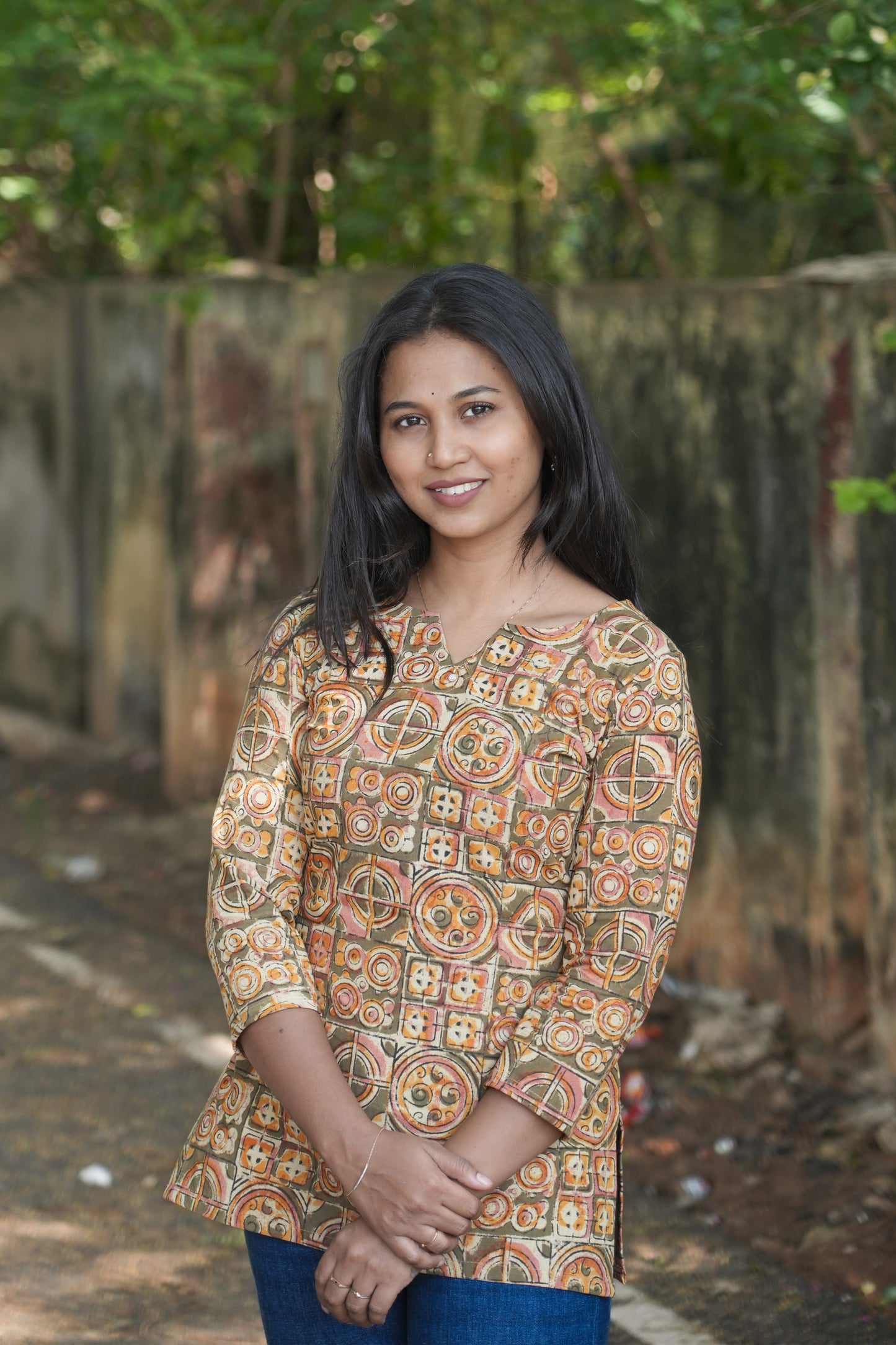 Mustard yellow with olive green mixed pattern kurti