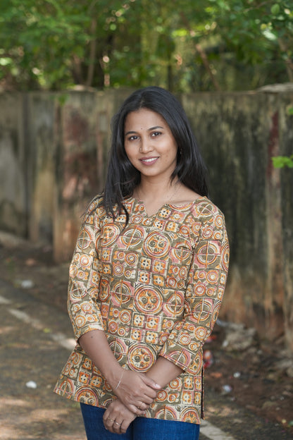Mustard yellow with olive green mixed pattern kurti