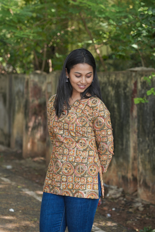 Mustard yellow with olive green mixed pattern kurti