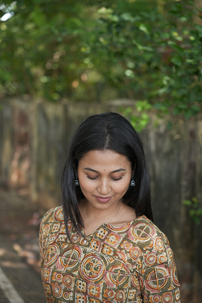 Mustard yellow with olive green mixed pattern kurti