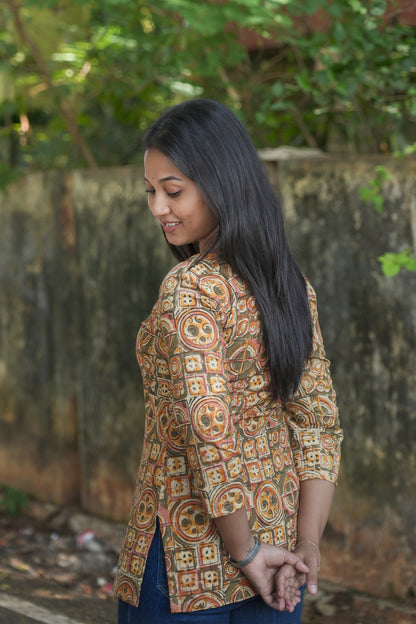 Mustard yellow with olive green mixed pattern kurti