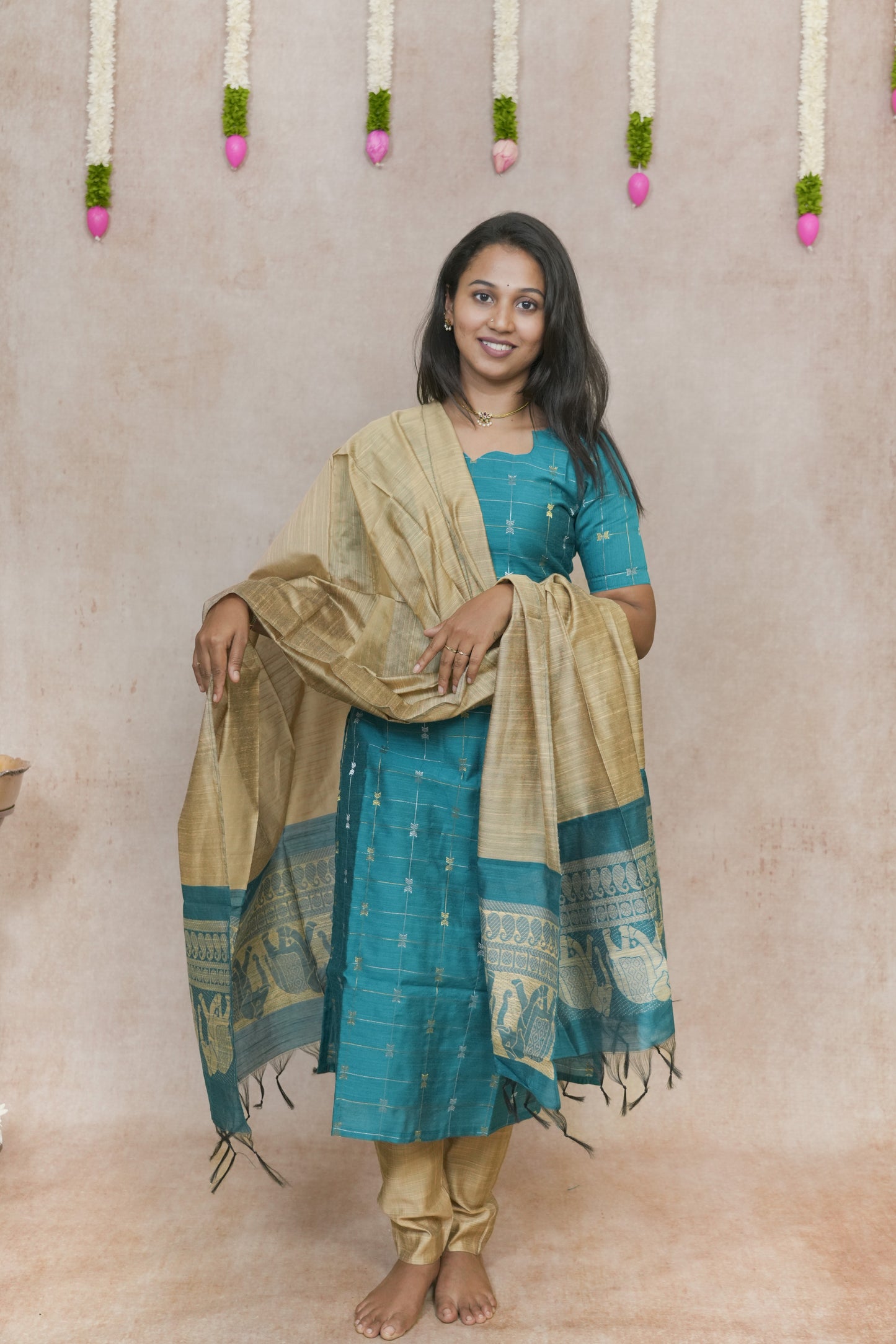 Turquoise with checked pattern salwar sets