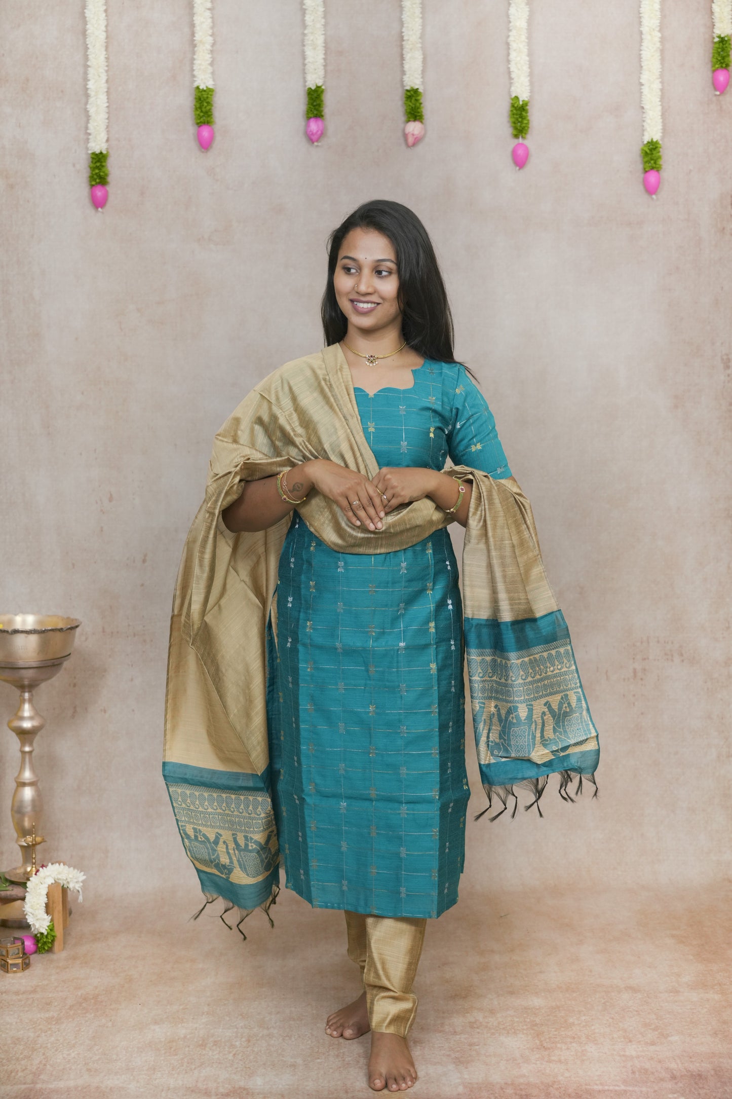 Turquoise with checked pattern salwar sets