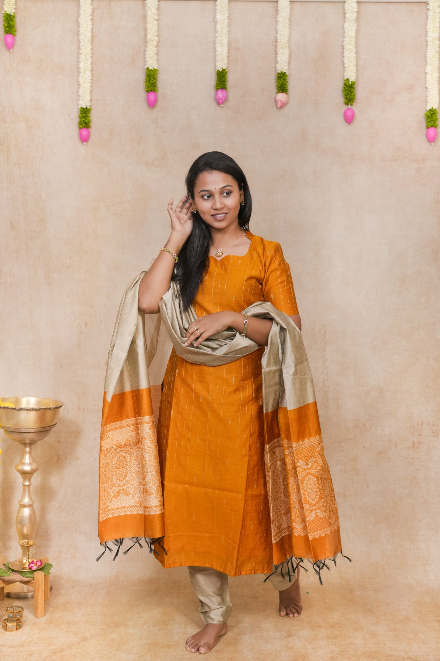 Mustard yellow with vertical thread looms salwar sets