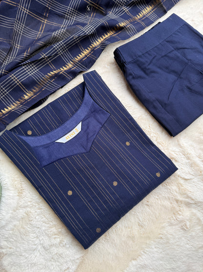 Handloom cotton Blue Butta 3 pcs Set