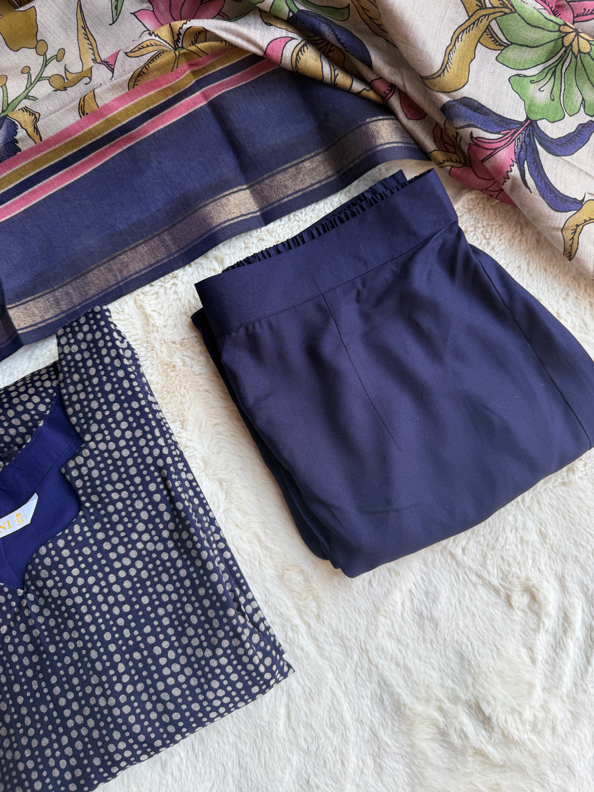 Blue Ploka Dots Chandari 3 pcs Set