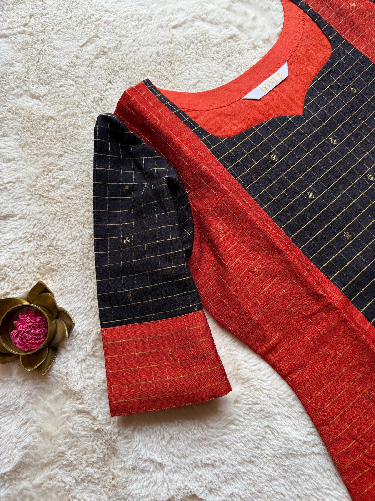 Black & Orange Checks Butta Raw silk 3 pcs Set