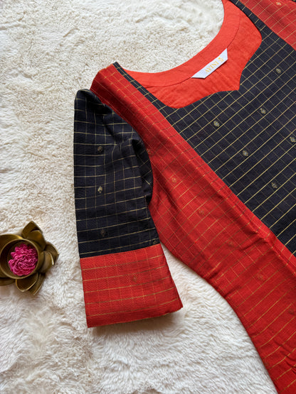 Black & Orange Checks Butta Raw silk 3 pcs Set