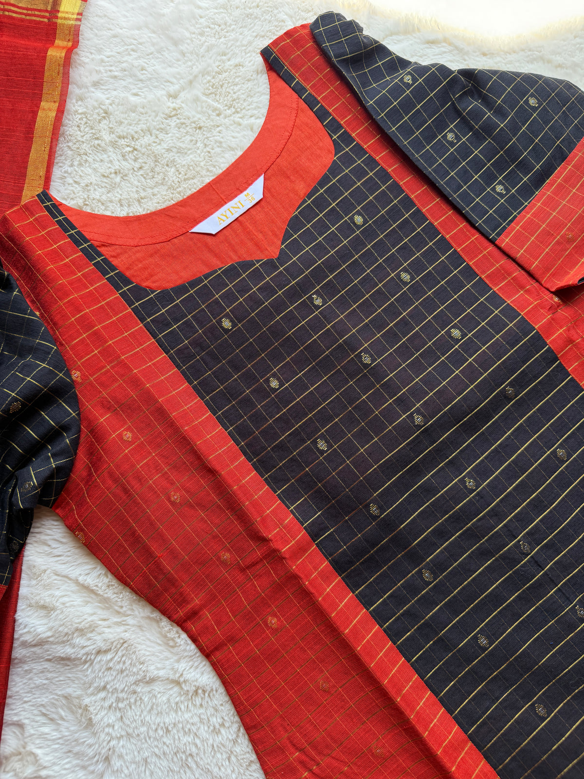 Black & Orange Checks Butta Raw silk 3 pcs Set