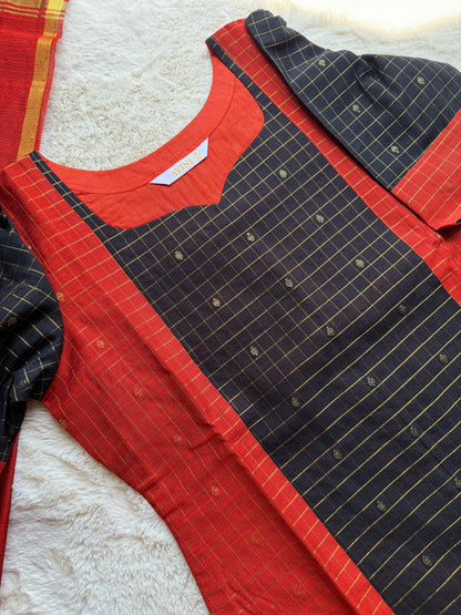 Black & Orange Checks Butta Raw silk 3 pcs Set