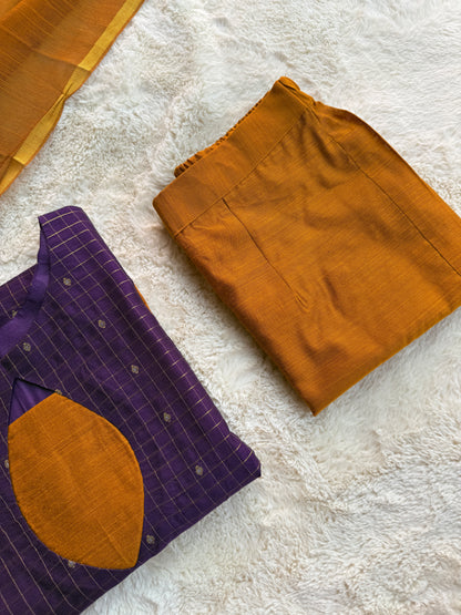 Purple Checks Butta Raw silk 3 pcs Set