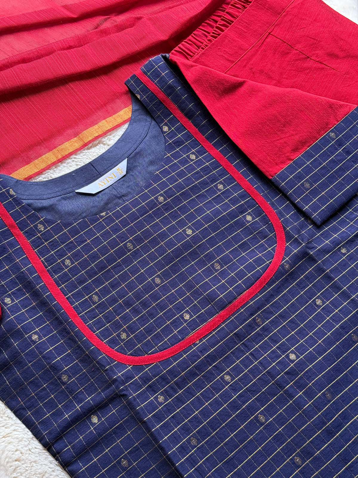 Blue & Red Checks Butta Semi Raw silk 3 pcs Set