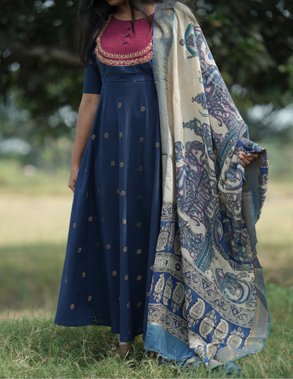 Blue Anarkali suit with Kalamkari dupatta