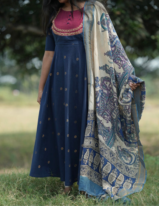 Blue Anarkali suit with Kalamkari dupatta