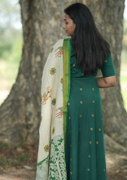 Emerald green Anarkali suit with Kalamkari dupatta