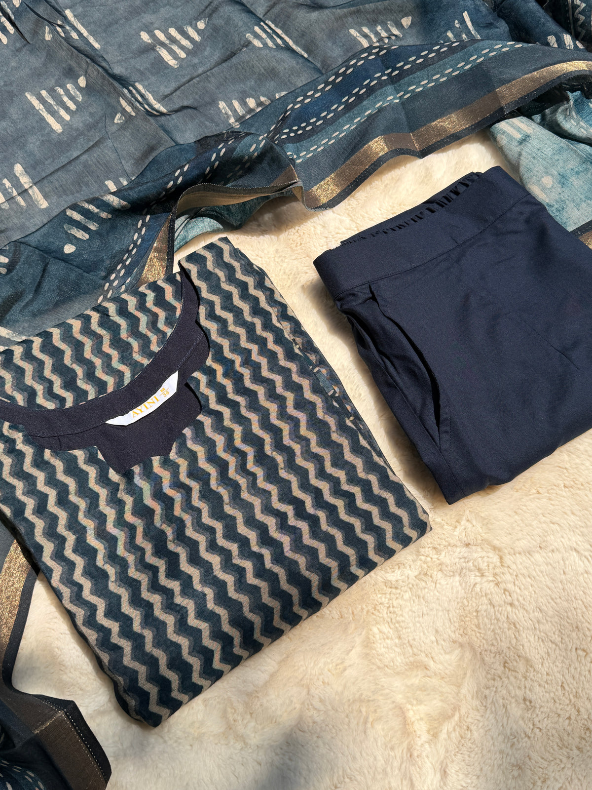 Indigo Blue stripes Chandari 3 pcs Set