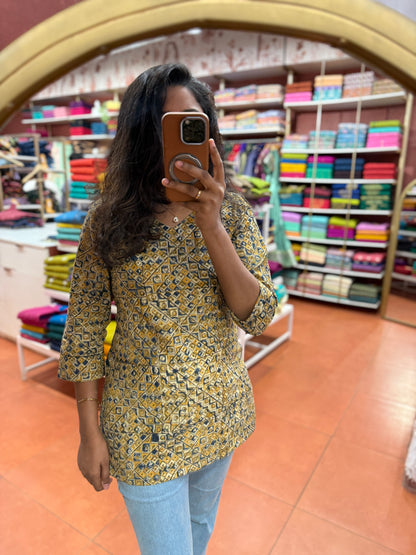 Mustard yellow with olive green pattern kurti