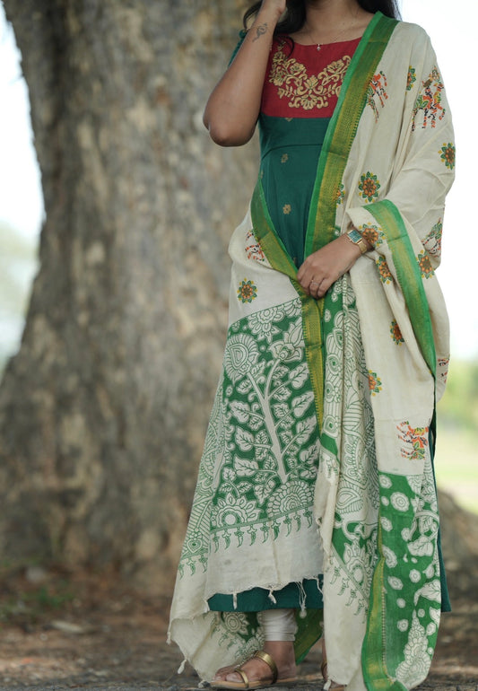 Emerald green Anarkali suit with Kalamkari dupatta