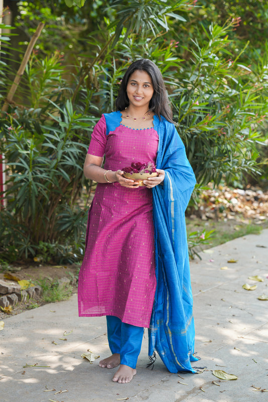 Pink & blue with Scalloped pattern salwar set