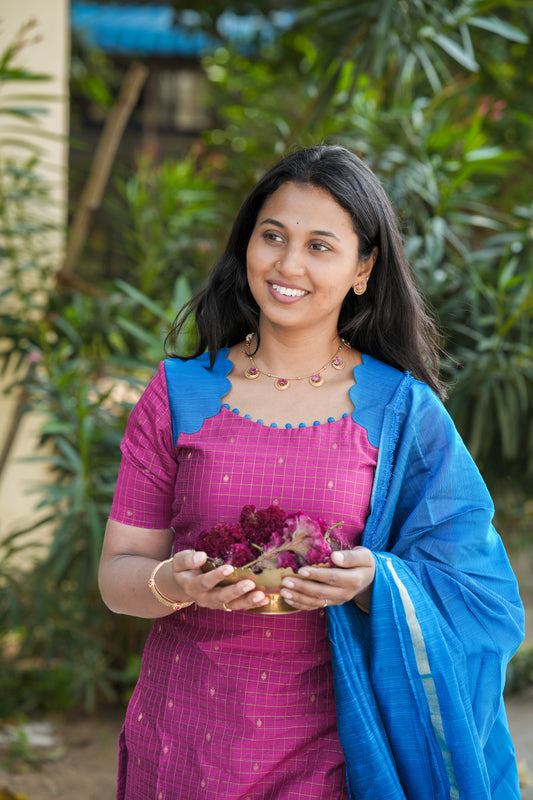 Pink & blue with Scalloped pattern salwar set